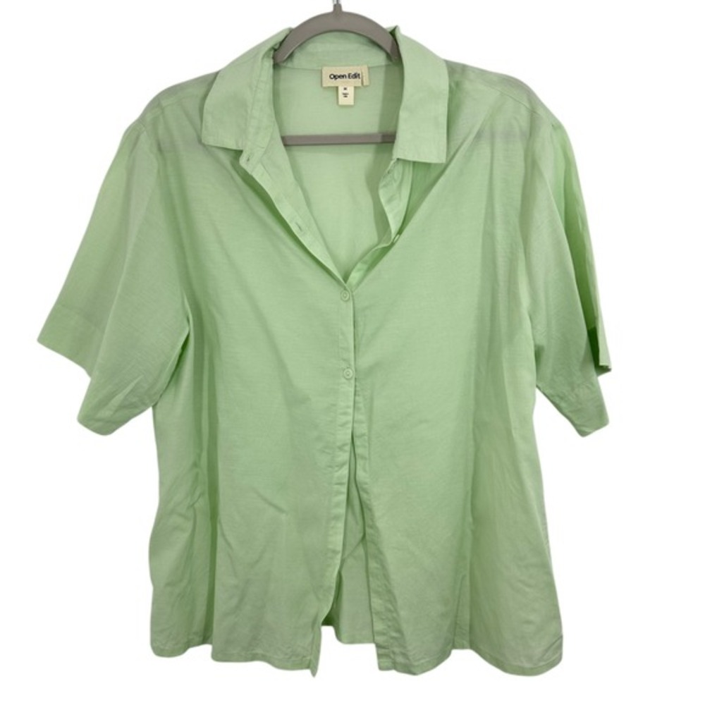 Open Edit Relaxed Fit Button Front Light‎ Green Camp Shirt Notched Collar Size M